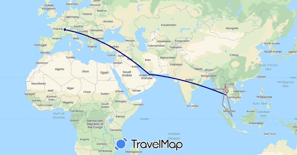 TravelMap itinerary: driving, plane, hiking in United Arab Emirates, Switzerland, Singapore, Thailand (Asia, Europe)